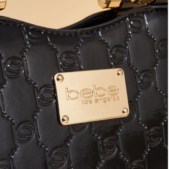 BEBE Dana Monogram Embossed Faux Patent Leather Crossbody Bag Gold-tone Hardware - Picture 3 of 5